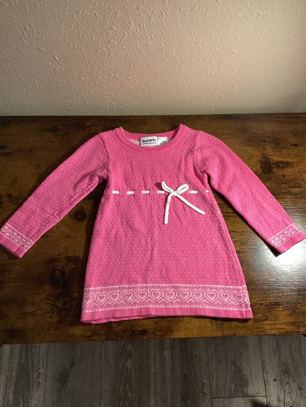Blueberi Boulevard Girls Pink Knit Sweater Dress Heart Trim & Bow
